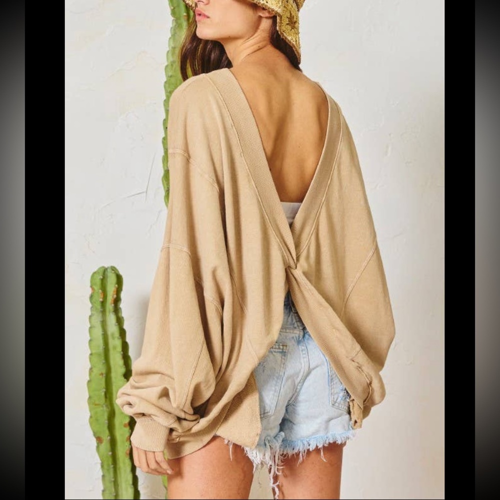 ✨NEW LIST✨ Reversible Twist French Terry Baggy Comfy Tan Sweater With Pockets